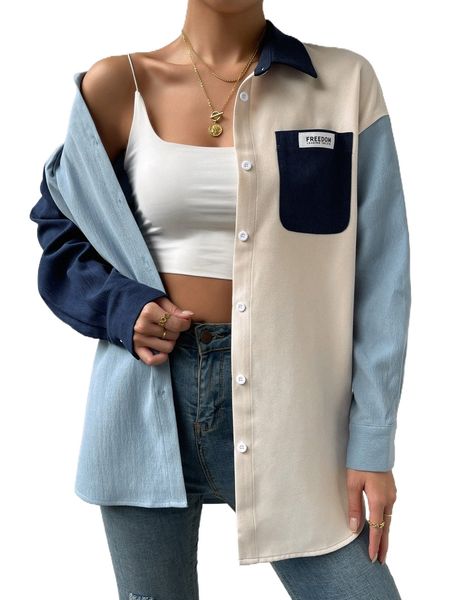 

patched detail pocket front colorblock blouse n420#, White