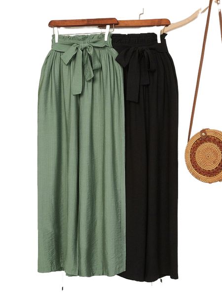 

2pcs paperbag waist belted wide leg pants y65z#, Black;white