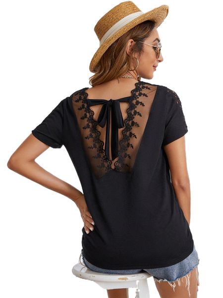

contrast guipure lace tie back tee r4ev#, White