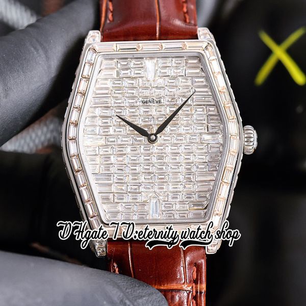

twf malte paved baguette diamonds dial a21j automatic mens watch iced out baguette cut diamond bezel brown leather strap super edition etern, Slivery;brown