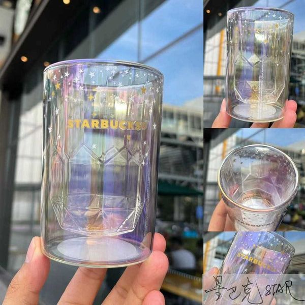 

starbucks cup 296ml aurora colorful double-layer glass milk box shape cold extract cup is beautiful