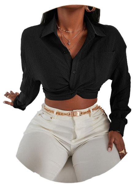 

patched pocket twist front crop blouse b8db#, White