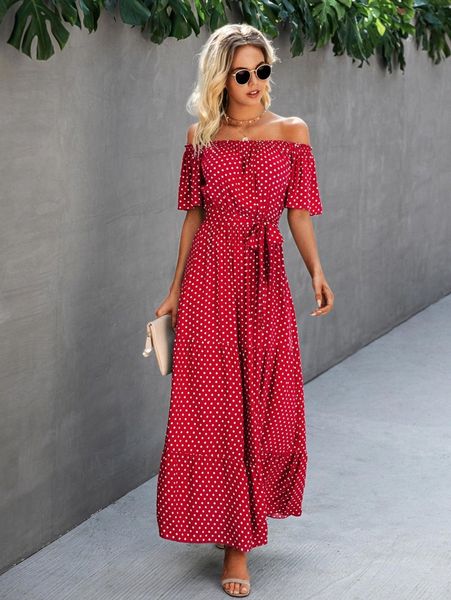 

polka dot off the shoulder belted dress t1zv#, Black;gray