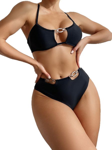 

solid chain linked bikini swimsuit d6od#, White;black