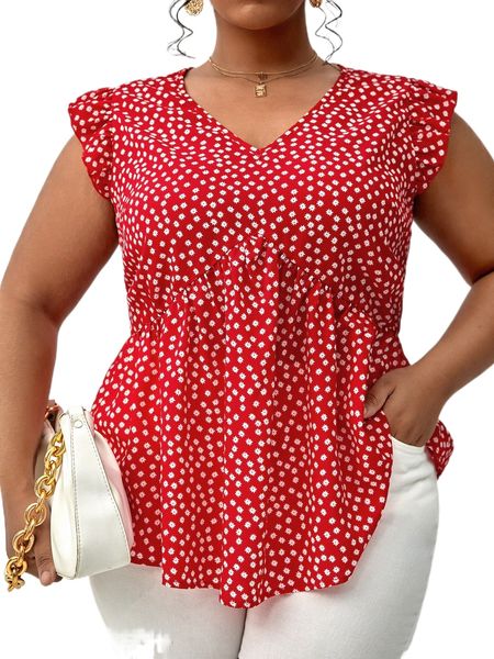 

plus ditsy floral flutter sleeve peplum blouse v3ai#, Black