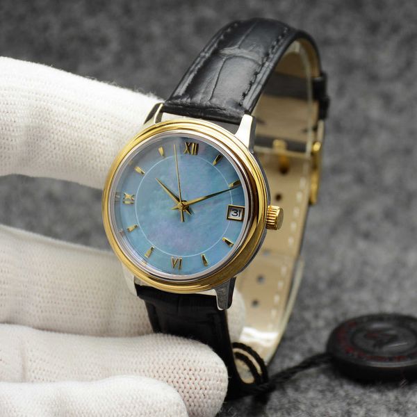 

de ville prestige watch automatic mechanical gold case blue shell dial black leather strap date sapphire glass 32mm women miyota 2813, Slivery;brown
