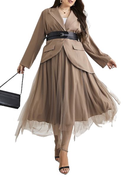 

plus lapel collar belted coat & skirt set h0te#, Black