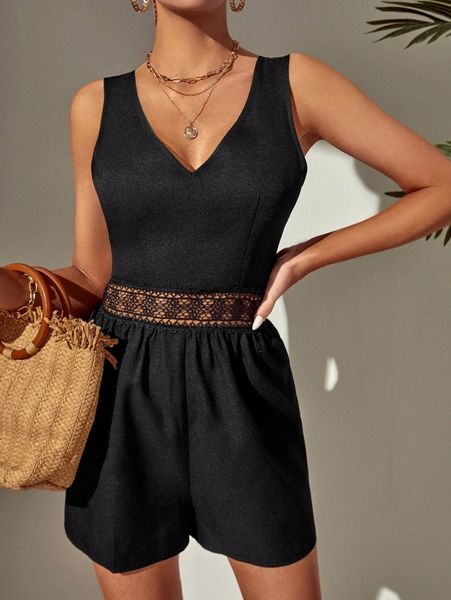 

lace insert bow backless romper b69u#, Black;white