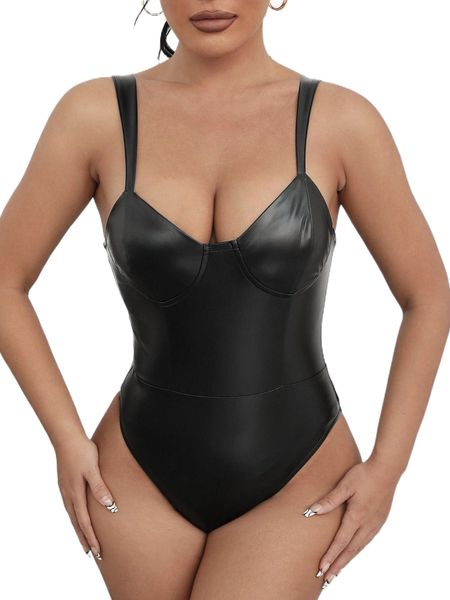 

zip back pu leather cami bodysuit i2ms#, White