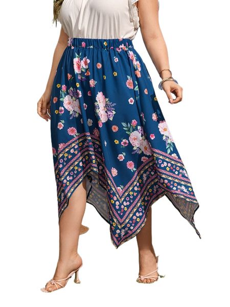 

plus 1pc floral print asymmetrical skirt p3ia#, Black