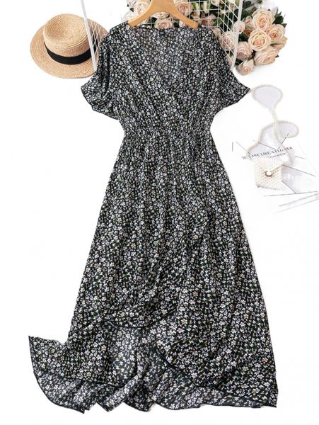

plus ditsy floral surplice front a-line dress u6cm#, Black