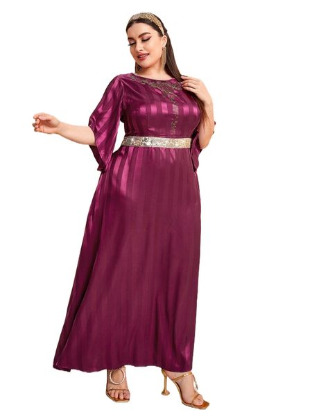 

plus rhinestone floral pattern trumpet sleeve contrast sequin tape dress 39ff#, Black