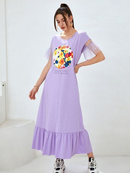 

floral & letter contrast mesh sleeve smock dress g2j6#, Black;gray