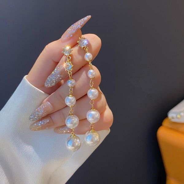 

stud trend simulation pearl long earrings female moon star flower rhinestone wedding pendant fashion korean jewelry, Golden;silver
