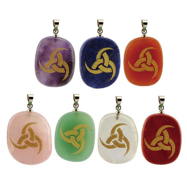 

engrave horn of odin oval energy stone pendant natural crystal reiki healing necklace amethyst rose quartz aventurine jewelry handmade carve, Silver