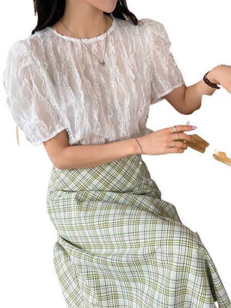 

dazy solid sheer puff sleeve blouse a3lb#, White