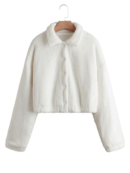 

plus solid single breasted teddy crop jacket d61o#, Black