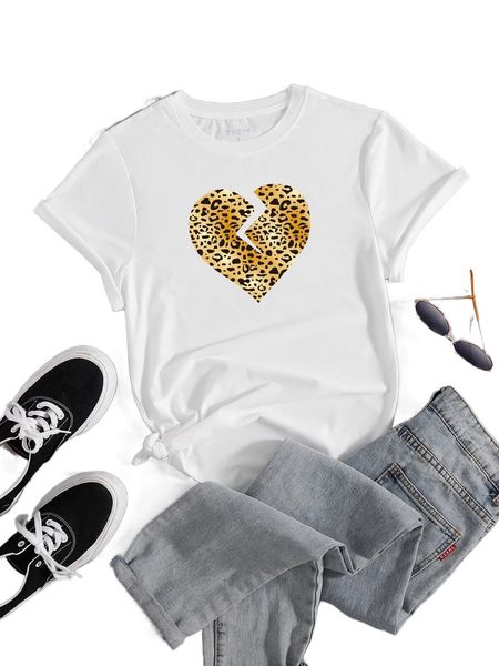 

leopard heart print crew neck tee f0lz#, White