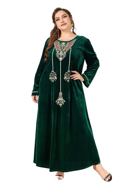 

plus graphic embroidery velvet dress f11l#, Black