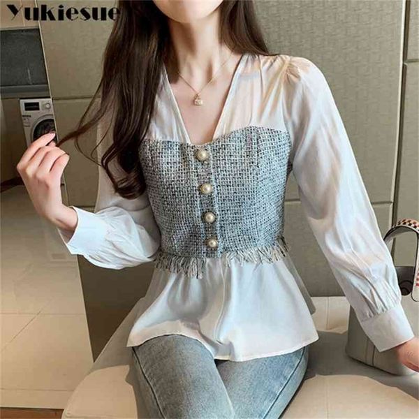 

plus size solid white long sleeve shirt fashion office lady korean style women spliced chiffon blouse v-neck feminina shirt 210412