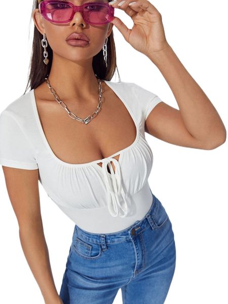 

petite ruched bust scoop neck tie front crop w6xk#, White