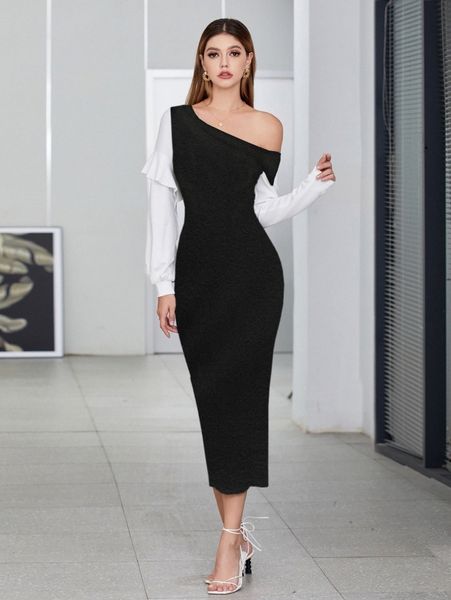 

asymmetrical neck colorblock ruffle trim bodycon dress v9y6#, Black;gray