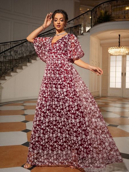 

allover floral print butterfly sleeve maxi lace dress 20n3#, Black;gray