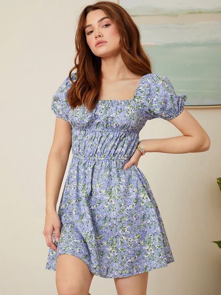 

mod allover floral print puff sleeve dress e7se#, Black;gray