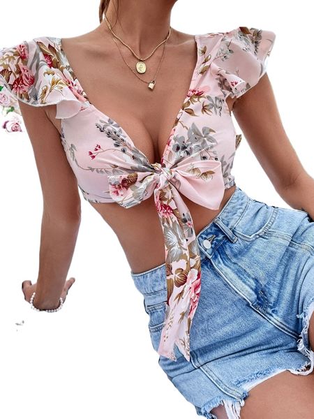 

floral print butterfly sleeve tie front crop o8gi#, White