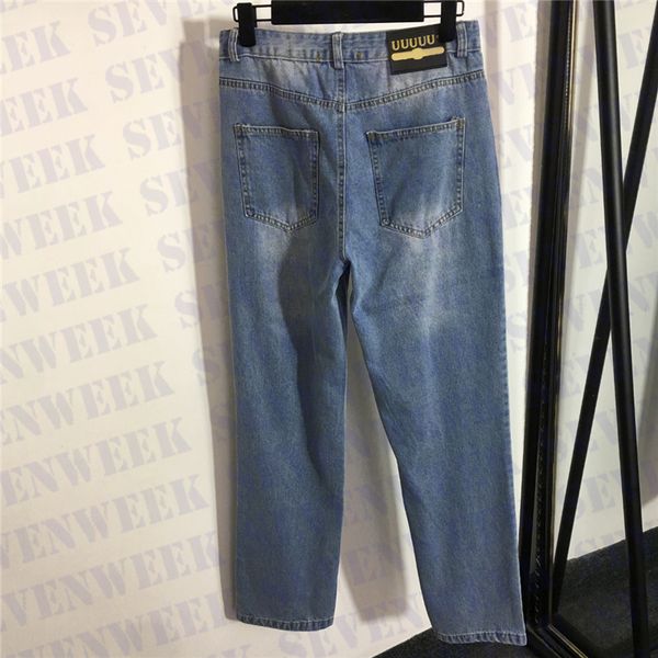 

embroidered letters fashion holes jeans trousers for women denim pants ladies designer jean clothing, Blue