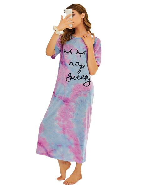 

cartoon & slogan graphic tie dye nightdress n40v#, Black;red