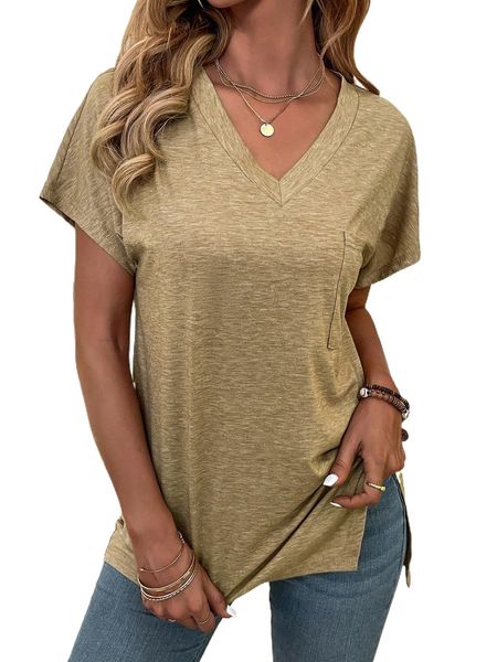 

patched pocket batwing sleeve split hem tee v00x#, White
