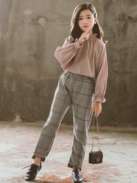 

girls ruffle neck blouse & plaid pants she, White