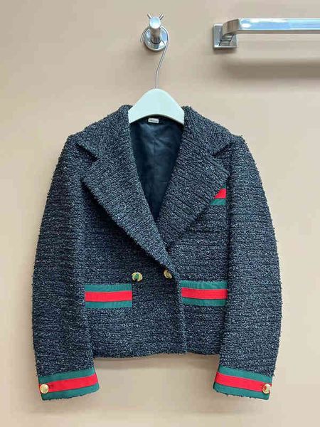 

women's knits & tees 2022 spring dark lapel three pocket double row gold buckle red and green ribbon, tweed coat, ladies' wear. 7p, White