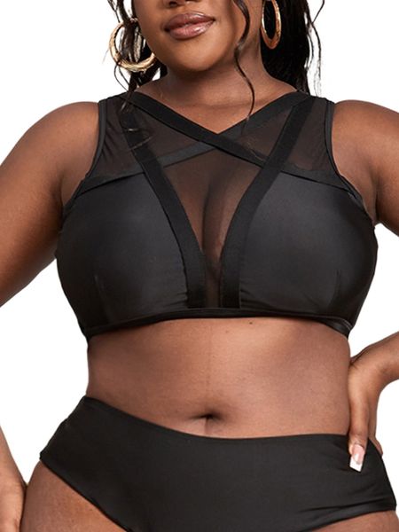 

plus contrast mesh cut out back bikini 05sc#, Black