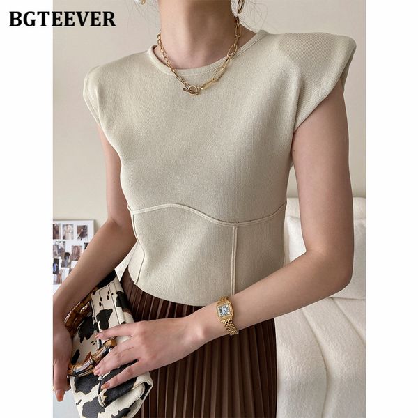 

elegant o-neck sleeveless tank women summer padded shoulder short tees female crop 2021 stretched camisoles, White