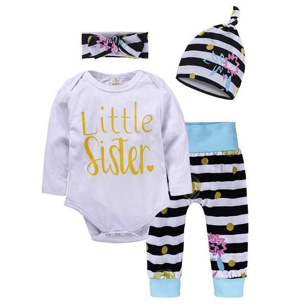 

girls newborn clothes baby floral t-shirt romper long pant hat cap headband outfits 4pcs/set, White