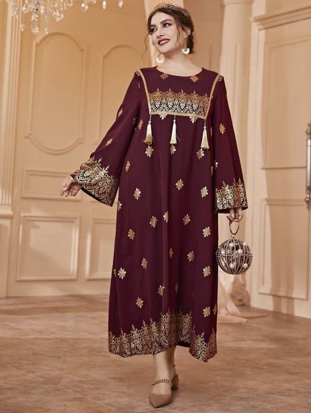 

plus random floral print tassel detail trumpet sleeve dress b2fa#, Black