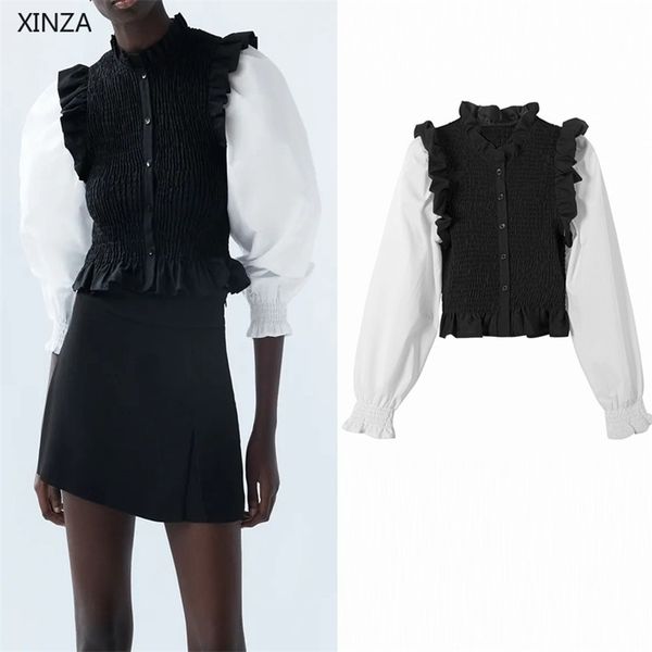 

women combination elastic za blouse high collar long puff sleeve smocked woman fashion front button patchwork shirts 210401, White