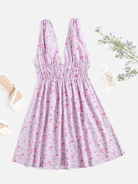 

mod ditsy floral print deep v neck dress m4dm#, Black;gray