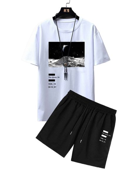 

men letter & picture print drop shoulder tee & drawstring waist shorts o6hf#, Gray