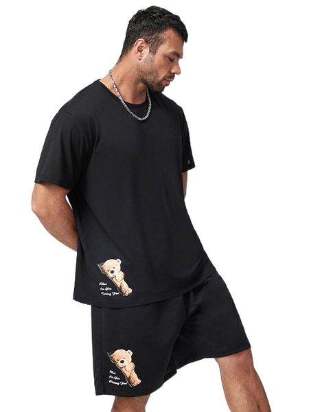 

extended sizes men cartoon bear & slogan graphic tee & drawstring waist track shorts f90r#, Gray