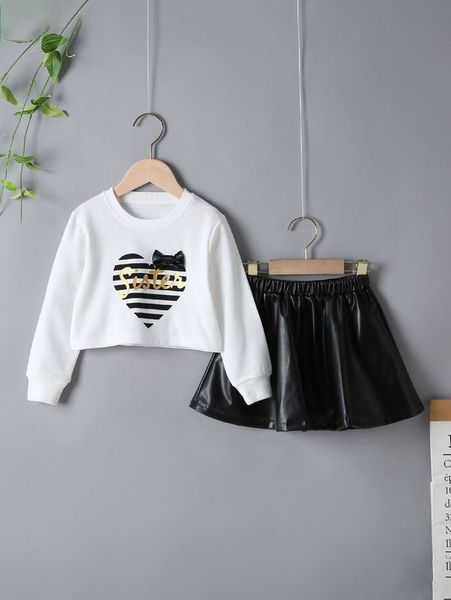 

toddler girls letter and heart print sweatshirt & skirt she, White