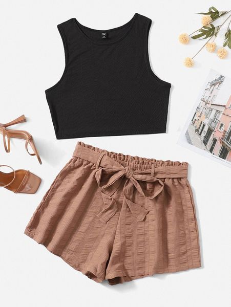 

plus rib-knit tank & belted shorts 372d#, Black