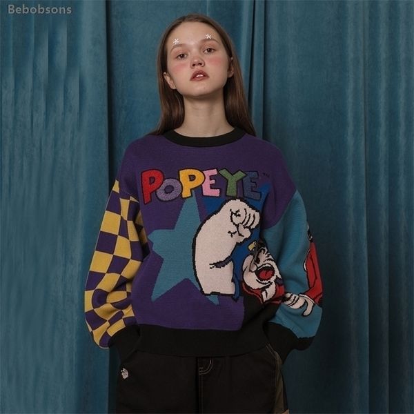 

harajuku winter autumn design loose women pullover thick sweater long sleeve letters girls cotton knitted jumper plaid 201201, White;black