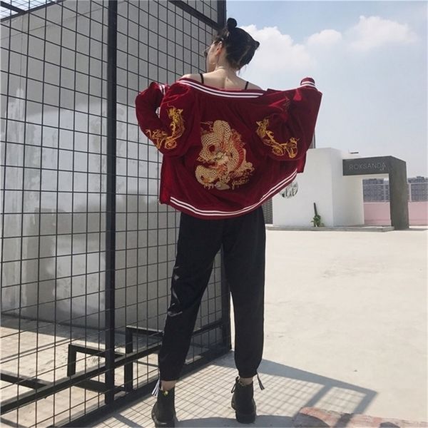 

new autumn winter punk embroidered dragon bomber jacket baseball uniform jacket female loose bf wind street wear fashion 201019, Black;brown