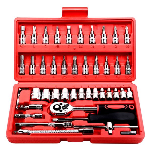 

46pcs car repair hand tool set 1/4 drive socket ratchet wrench screwdriver bits combination kit