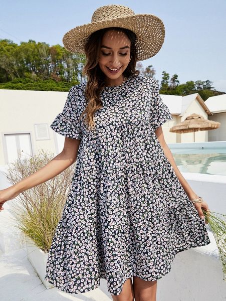 

ditsy floral flounce sleeve smock dress v2rr#, Black;gray