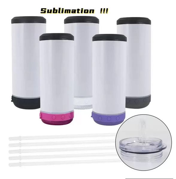 US Warehouse 16oz Sublimação 4 em 1 Tumblers de alto -falante 5 cores Mistor misto Bluetooth Tumbler com duas tampas e palha de plástico Fedex