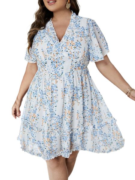 

plus ditsy floral print frill trim dress 69cu#, Black